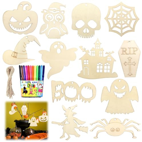 Lot de 60 pendentifs en bois à peindre pour Halloween - Avec 12 crayons aquarelle et corde de chanvre - Décoration d'automne - Kit de bricolage pour pendentifs d'Halloween
