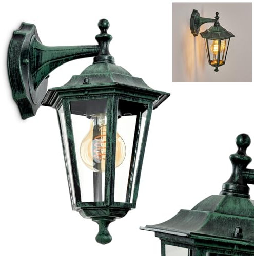 Lampada da parete Loria, lampada da parete in stile vintage, in metallo/vetro, colore nero/verde/trasparente, lampada da parete in stile rustico, lampada da esterno per terrazza, E27, senza lampadine,
