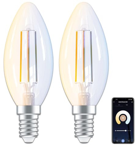 ANTELA Lampadine Alexa Inteligente Filamento E14 C35, 4,5W 470LM Dimmerabile 2700K-6500K Bianco Freddo/Caldo, Compatibile con Alexa/Google Home, Controllo Vocale, Controllo APP, 2.4GHz WiFi, 2Pezzi