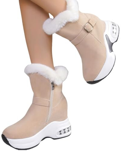 Stivaletti Da Donna Con Plateau E Zeppa Stivali Da Neve Con Risvolto In Peluche Ankle Boots Sportivi Da Esterno Stivali Corti Vintage In Camoscio Con Fibbie Scarpe Alla Caviglia Calde(Beige,37 EU)