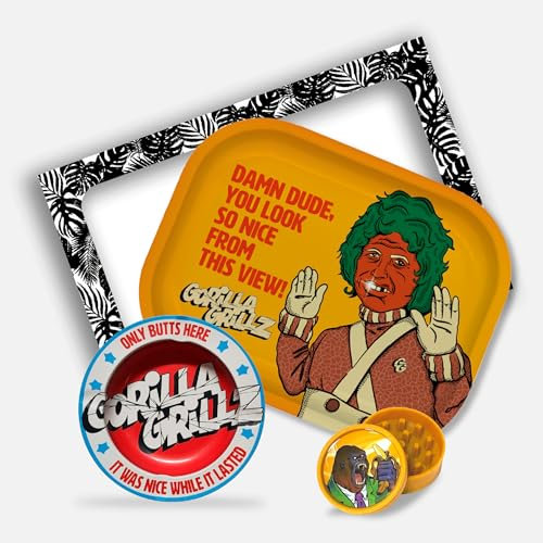 Gorilla Grillz® Rökningssats – komplett rullbricka med askfat och biologiskt nedbrytbar kvarn – perfekt present till rökare – rökarpaket med olika tillbehör (Umpa)