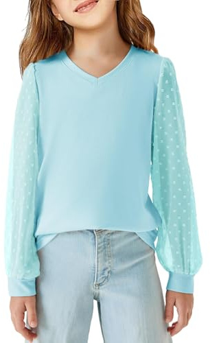 Haloumoning Camiseta de Manga Larga para niña, Cuello en V, Camiseta de Manga Larga, Informal, Blusa Suelta, para el Tiempo Libre, Linda y Suave para niños, Punto Suizo, Azul, 9-10 años