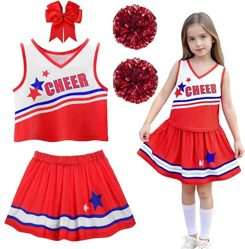 PIXUYE Déguisement Pompom Girl Costume Cheerleader Fille avec Pompons et Chaussettes Barrette Nœud Uniforme de Pompom Girl pour Carnaval Halloween Fêtes，130