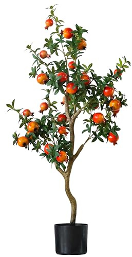 Artificial Apple Tree, 43 Inch Tall Decorative Fruit Plant with Realistic Green Leaves, UV Resistant Indoor Home Decor with Black Pot, No Trimming Required (Pomegranate)