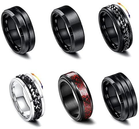 Hernin 6 Pièces Acier Inoxydable Bague pour Homme Bagues Anti Stress en Acier Inoxydable Ensemble Hommes Anneaux Spinner Mariage Promise (Noir+Argent Set-1, 6)