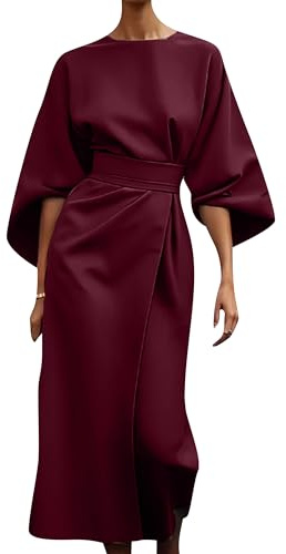 EFOFEI Dama Suelto Fruncido Abertura Midi Vestido Largo Oscilación Vestidos con Cinturón Murciélago Manga Cinturón Cintura Alta Vestido Vino Rojo S