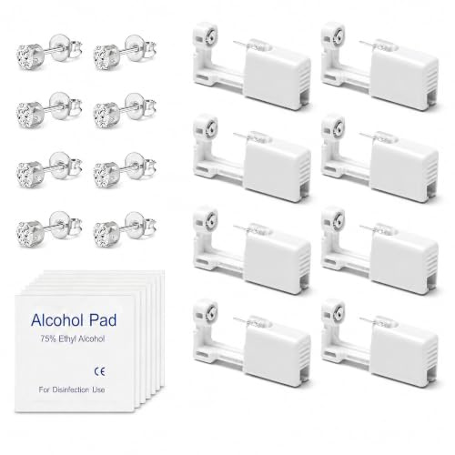 8Pcs Ear Piercing Gun Kit with 4mm 316 Stainless Steel Studs and Pads | Gold or silver stud options available; 8 disposable piercing guns for women, men and home ear lobe piercing