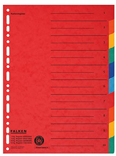 Original Falken Karton-Register überbreit für DIN A4+ 24,5 x 30 cm volle Höhe mit Organisationsdruck 10-teilig vollfarbig 2 x 5 Farben zur Ablage von Prospekthüllen