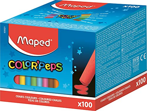 Maped - Craies Fines pour Tableau Noir et Ardoise Naturelle - Boîte de 100 Craies de 10 Couleurs Vives, 100 Unité (Lot de 1)