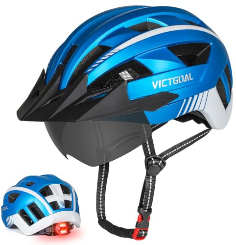 Victgoal Bike Helmet for Men Women with Led Light Detachable Magnetic Goggles Visor Mountain & Road Bicycle Helmets Adjustable Size Adult Cycling Helmets (Metal Blue, L: 22.4-24 inch (57-61 cm))
