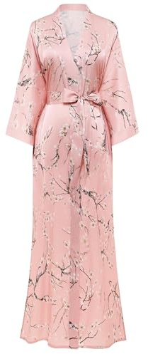 BABEYOND Kimono floral de satén de seda Vestido de novia de la década de 1920 Kimono Camisón Ropa de dormir 133 cm de largo, Flor de ciruelo - rosa, Talla única, Flor de ciruelo - rosa, Talla única