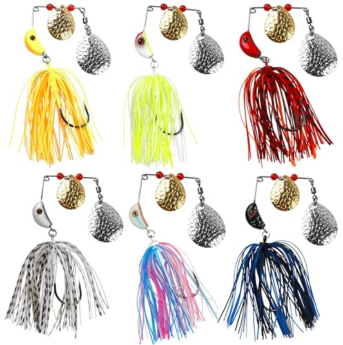 Spinnköder, Barsch-Angelköder-Set, Hartmetall, Spinnerbaits, Buzzbaits, mehrfarbig, Hecht, Forelle, Lachs, Schwimmköder, Jigköder für Süß- und Salzwasser (F-6 Stück)