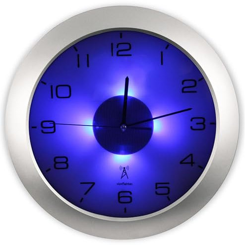 Fishtec - Horloge Murale Lumineuse Ø30 cm avec 4 LED Bleues, 3 Modes d'éclairage, radiopilotée réglage Automatique été/Hiver, Design Moderne pour Salon, Cuisine, Chambre ou Bureau