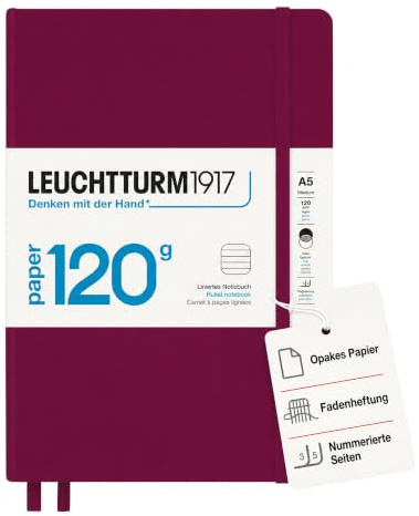 LEUCHTTURM1917 363536 anteckningsbok 120 g/m² pappersutgåva, hårt omslag, medium (A5), port röd, linjerad