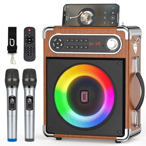 JYX Altavoz Karaoke con 2 Micrófonos Inalámbricos, Máquina de Karaoke Portátil con DJ Luces, Altavoces Bluetooth Sistema PA Soporte FM/USB/TF Card/Rec/AUX para la Party Fiesta