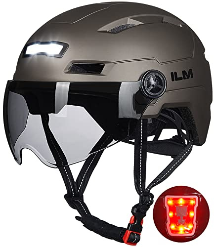 ILM Adult Bike Helmet with USB Rechargeable LED Front and Back Light Mountain&Road Bicycle Helmets for Men Women Removable Goggle Cycling Helmet E3-10L(Titanium, Small/Medium)