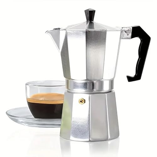 CABLEPELADO Cafetera Moka manual de aluminio, cafetera italiana, Macchinetta, Cafetera Express, Válvula de Seguridad, Apta para Vitrocerámica, Gas, Eléctrica, 13 cm altura, Capacidad 1 taza