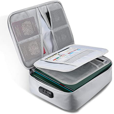 Feuerfeste Tasche Dokumententasche, Große Aufbewahrungsbox für Dateien, Feuerfeste Wasserdichte Tasche mit Schloss, Dokumentenaufbewahrung für A4 Dokumente, Bargeld(36 * 27 * 10 cm: Silber)