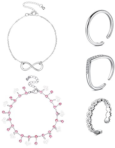 AceFun Bracelet de Cheville et Bague d'orteil Ensemble Chaîne de Plage en Argent Couches Infini Étoile Lune Pointe Perceuse Diamant Bleu Coeur Cloche Fleur Ouvert Réglable Bagues d'orteil Ensemble