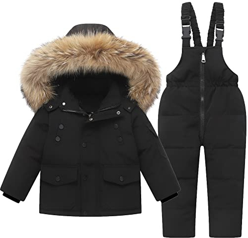 Kids Snowsuit Ski Suits Set 2-Piece Winter Outfit Set - Hooded Puffer Down Jacket and Snow Bib Pants Ultralight Skisuit Set, 3-4 Years