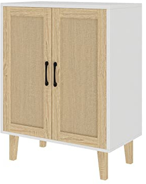 Panana Buffet Cabinet Sideboard with Rattan Decorated Doors Kitchen Storage Cupboard Accent Cabinet (White)