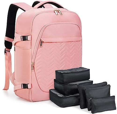 Lekespring Zaino da Viaggio Aereo Bagaglio a Mano 35L,Zaino Uomo Donna con Organizer Valigie 6 Pezzi Set, Borse da Cabina per Easyjet 45x36x20, Zaini Porta PC per Scuola Casual Lavoro Ufficio,Rosa