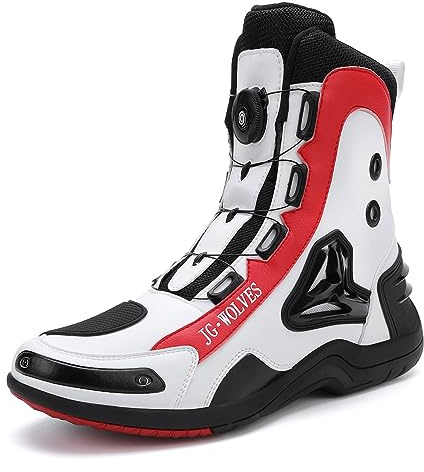 PENXZT Motorradstiefel Herren Tourenstiefel Schuhe Voll gummierte Außensohle Leder Biker Motorradstiefel mit Knöchelstütze,Weiß,43 EU