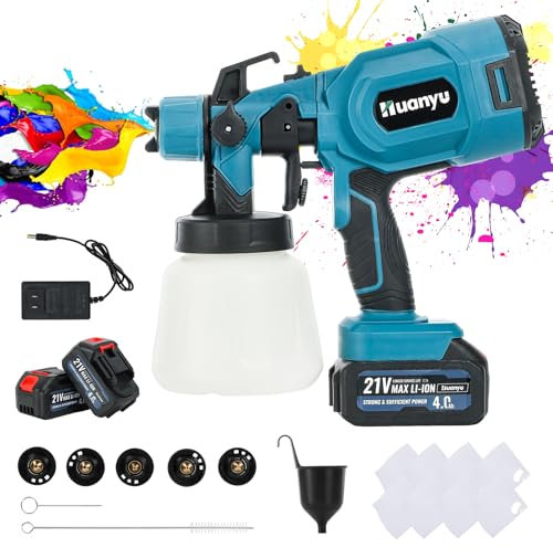 Huanyu Pistolet à Peinture sans Fil avec 2 * Batteries 21V 4.0Ah et 5 Buses Pulvérisateurs de Peinture de 900ml avec 3 Motifs Pistolet à Peinture électrique pour la Peinture de Meubles et de Maisons
