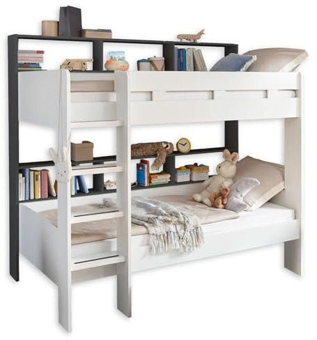 Stella Trading Gaius Modernes Hochbett mit Leiter & Zwei Liegeflächen 90 x 200 cm - Platzsparendes Kinder Etagenbett in Weiß/Anthrazit - 129 x 189 x 210 cm (B/H/T)