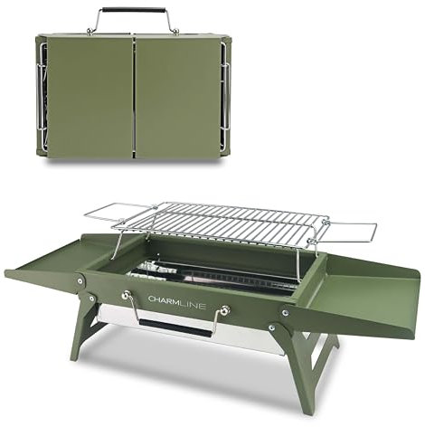 Charmline 35 * 23cm Barbacoa de Carbón para Camping, Picnic, Jardín y Playa, Pequeño Barbacoa Carbon Portátil Plegable, BBQ Portatil Para Uso en Exteriores, Verde