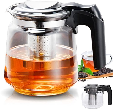Tutamaz Tekanna glas, premium tekanna med sil, 1,5 liter tekanna av glas, tebryggare glaskanna med lock och rostfritt stål filtersil, glastekanna för löst te, svart/grönt te, fruktte