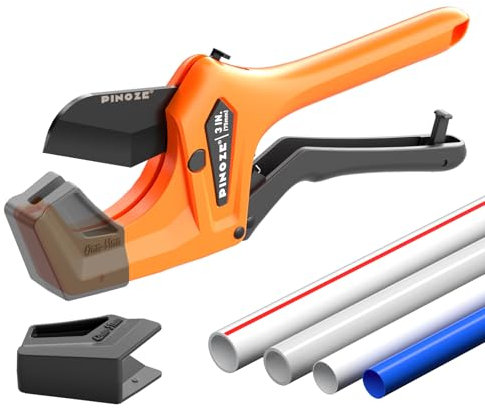 PINOZE Cortador de tubos de PVC que corta hasta 76 mm (3), herramienta de corte de tubos de trinquete resistente con estabilizador para PVC, PPR, PE, PEX, mangueras de plástico y tuberías de