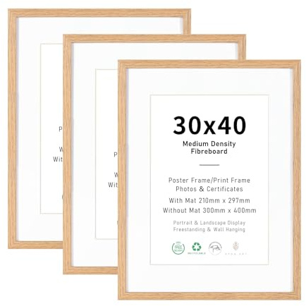 30x40 Picture Frame Set of 3,Display A4 with Mat or 30x40 without mat Image | Natural Wood Photo Frames for Wall Mounting Display