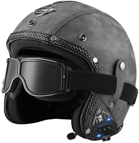 Motorcykel Öppen Bluetooth-hjälm Retro Jet Motorcykel Läderhjälm Med Modeglasögon Vuxen Halvhjälm ECE-godkänd Herr- Och Damhjälmar 3/4-tums Moped Scooter(C,M=(57~58cm))