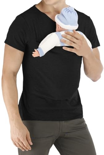 Hommes Porte-bébé apaisant Col Rond Manches Courtes KäNguru T-Shirt Hauts Extensible Couleur Unie Hauts Débardeurs avec Poche Parent-Enfant T-Shirt pour Hommes Parent-Enfant Décontracté
