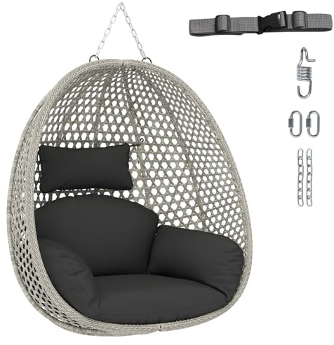 COSTWAY Swing Egg Chair, Upholstered PE Rattan Wicker Hammock Chair with Soft Thick Cushion and Head Pillow, Heavy-duty Hanging Egg Basket Seat for Garden Patio Yard Living Room (1, without Stand)