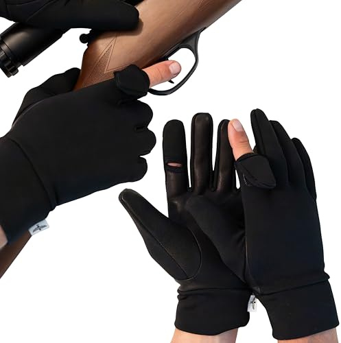 Trigger Finger Hunting & Rifle Shooting Gloves with Finger Flip | Genuine Leather Palm Grip & Stretch Back | For Outdoor Tactical Sports | Airsoft Paintball Trap Skeet Clay Shooting (BLACK, SMALL)