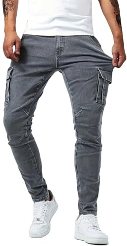 Pantalones vaqueros para hombre, vaqueros Slim-Fit Multi Bolsillo, pantalones de trabajo, vaqueros de pierna recta, vaqueros ligeramente elásticos de corte regular, vaqueros estilo tubo con bolsillos