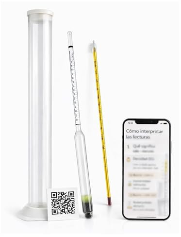 Taninea Densímetro para Vino y Cerveza – Medición de Alcohol Probable y Fermentación – Hidrómetro 3 Escalas (Baumé, Densidad y Alcohol) – Kit con Probeta 250 ml y Termómetro