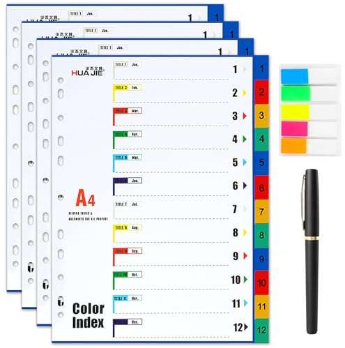 Molirex Juego de 4 registros para carpetas A4, 100 unidades, rotulador de gel negro, 1-12 separadores con 11 agujeros, práctica portada de papel estable para escribir en casa, oficina, escuela