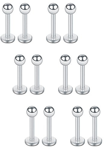 SCERRING 12PCS 16g Stainless Steel 3mm Ball Labret Monroe Lip Tragus Helix Earring Ring 8mm - Silver