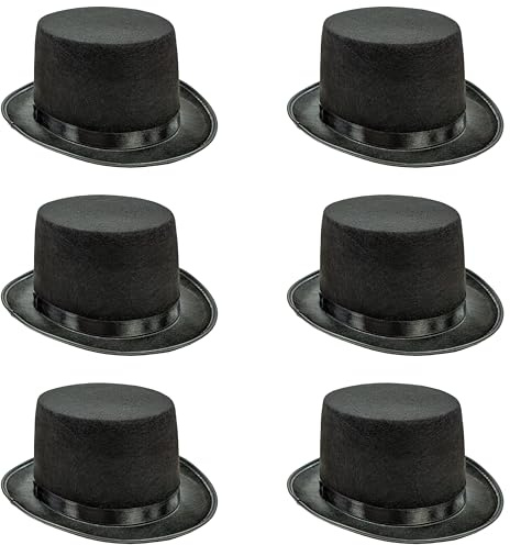 6 x Black Top Hats – Bulk Pack Fancy Dress Costume Top Hat for Adults – Unisex Size for Men & Women – Ideal for Steampunk Victorian Edwardian Magician Ringmaster Theatre Dance Cosplay & Events Props
