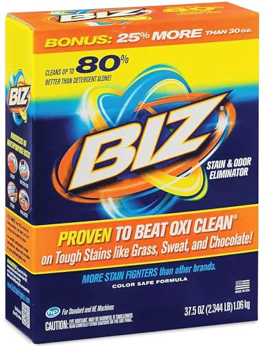 Biz Laundry Detergent Powder, Stain and Odor Eliminator for Tough Stains Like Grass Sweat and Chocolate, Powder Laundry Detergent with 4 Stain Fighters, Color Safe, HE Safe, Unscented, 37.5 Ounce