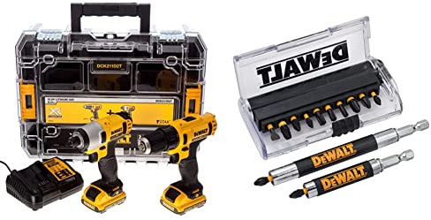 Dewalt Taladro Atornillador Impacto XR + Organizador TSTAK V con 2 baterías Li-Ion 2,0Ah + DT70512T-QZ Juego de 14 Piezas para Atornillar con 2 Guías Guía Telescópica Magnética Larga x 1