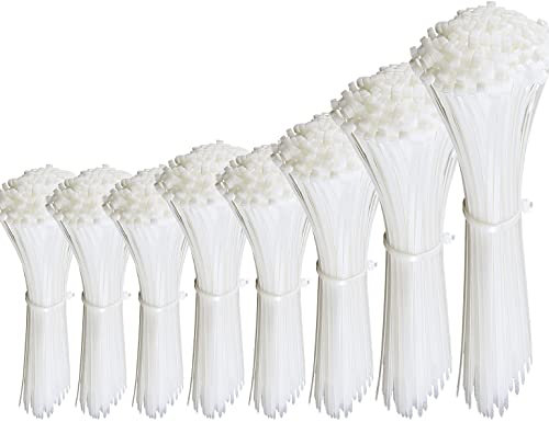 Oksdown 750 Pack White Nylon Cable Ties Mixed Pack Heavy Duty Self Locking Long Plastic Clear Zip Tie Wraps Assorted Sizes 100/150/200/250/300mm Length 4/6/8/10/12 Inch, 2.5/3.6/4.8mm Width