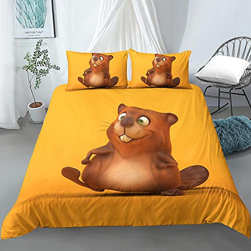 NDXRWDZR Double Duvet Cover Set Yellow Beaver Duvet Cover with Zipper Closure Bedding for Aldults Kids Soft Breathable Hypoallergenic Microfiber Quilt Cover 200x200 cm + 2 Pillowcases 50x75 cm