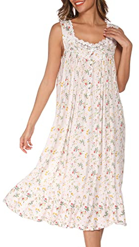 AVIIER Cotton Nightgowns for Women Sleeveless House Dress Ladies Long Nightdress with Pockets (White flowers, X-Large)…