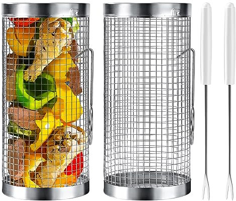 Rolling Grillkorb Edelstahl 2 Stück Zylindrischer Grill Rack Rund BBQ Zubehör mit Griff Gabel für Camping Fisch Pommes Fleisch Gemüse Außengrill Garnelen 20CM