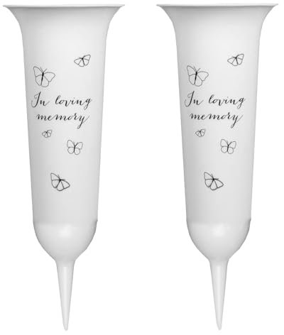 Set of 2 In Loving Memory Spiked Memorial Grave Flower Vases Graveside Memorial White with Robin design 5425