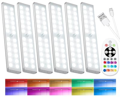 SZOKLED 58-LED Motion Sensor Under Cabinet Lights Wireless, RGB Closet Light Night Lights Remote, 1100mAh Rechargeable Under Cabinet Lighting Counter Lights for Indoor Kitchen, Stair (6 Packs)